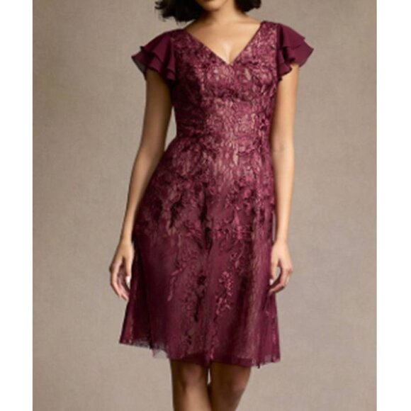 Womens Ruffle Sleeves Midi Dress Shelly Silhotte Floral Party Red Wine Size 4 - Picture 1 of 9